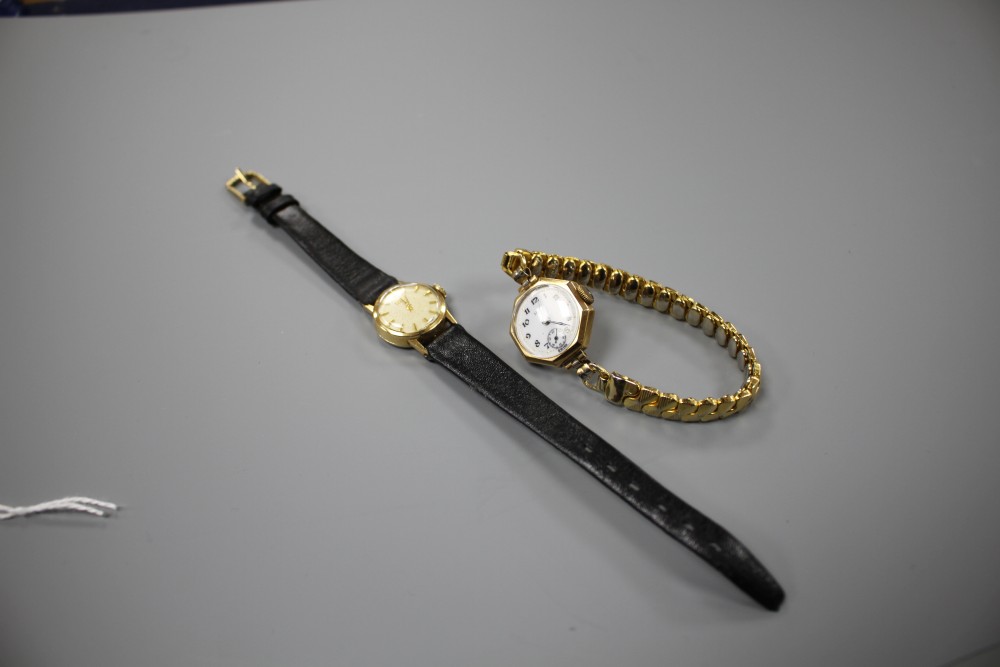 Two ladys 9ct gold wrist watches, Tissot and Hirco, on leather and gold plated flexible strap, respectively,